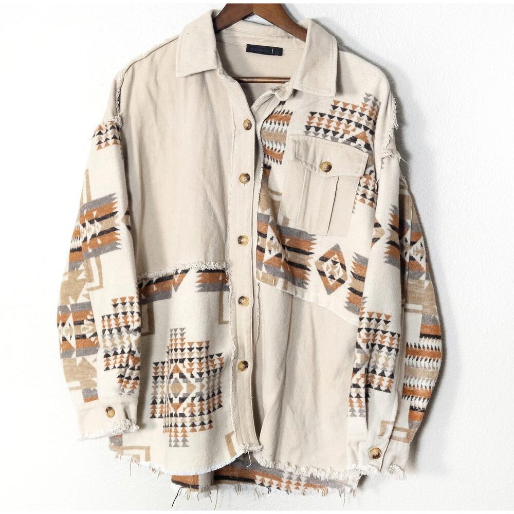 Elleborn Button Down Shacket Jacket Size L Brown Southwestern Boho Layer